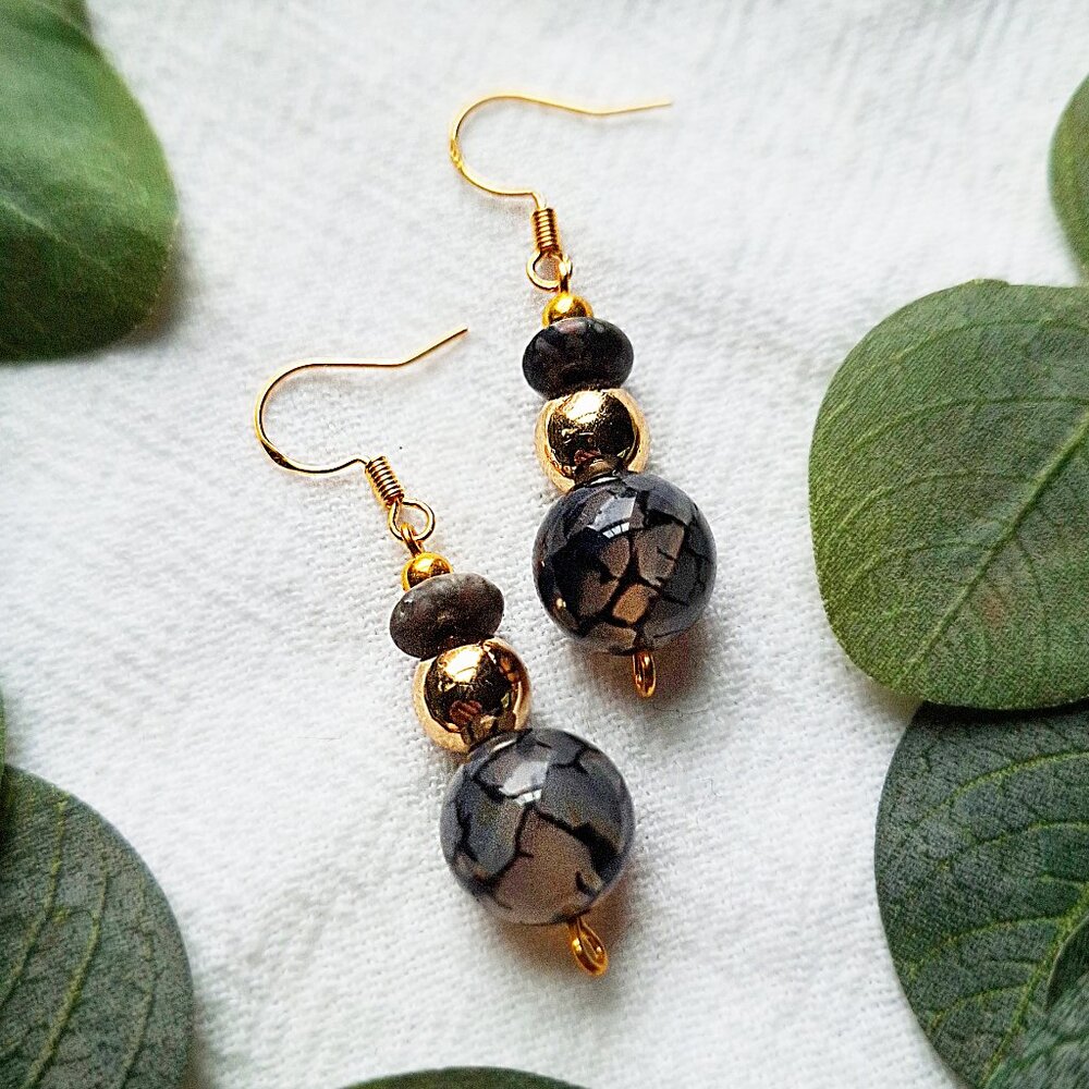 Whimsigoth Dangle Earrings, Gothic Boho Earrings, Snowflake Obsidian Jewelry
